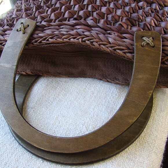 Woven taupe straw wooden handles hand bag summer purse - Picture 4 of 6